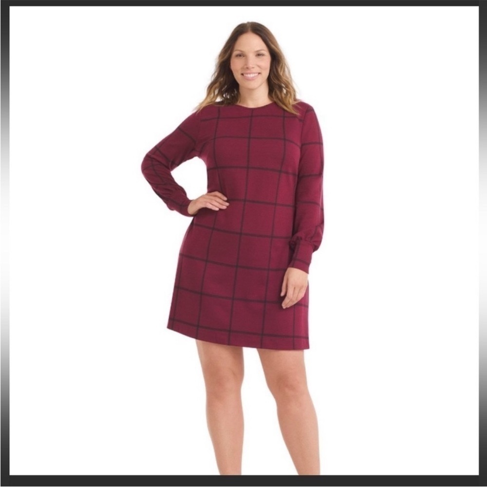 Anthropologie Hutch Plaid Windowpane Burgundy Red Long Sleeve Shift Dress